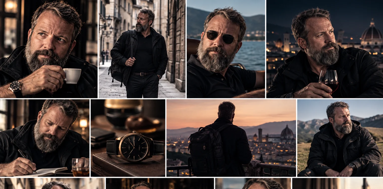 A cinematic collage of Simon Locke in European cities, lounges, and travel settings