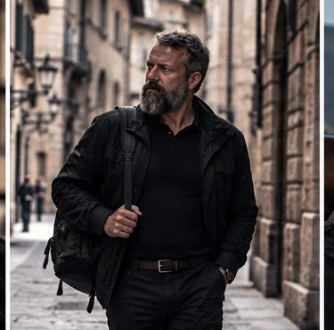 Simon Locke walking through an old European street